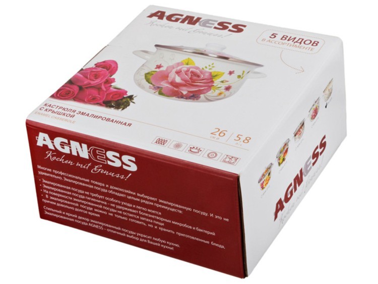 Кастрюля agness  эмалированная со стекл. крышкой 5,8 л, 26х14 см Agness (934-239)