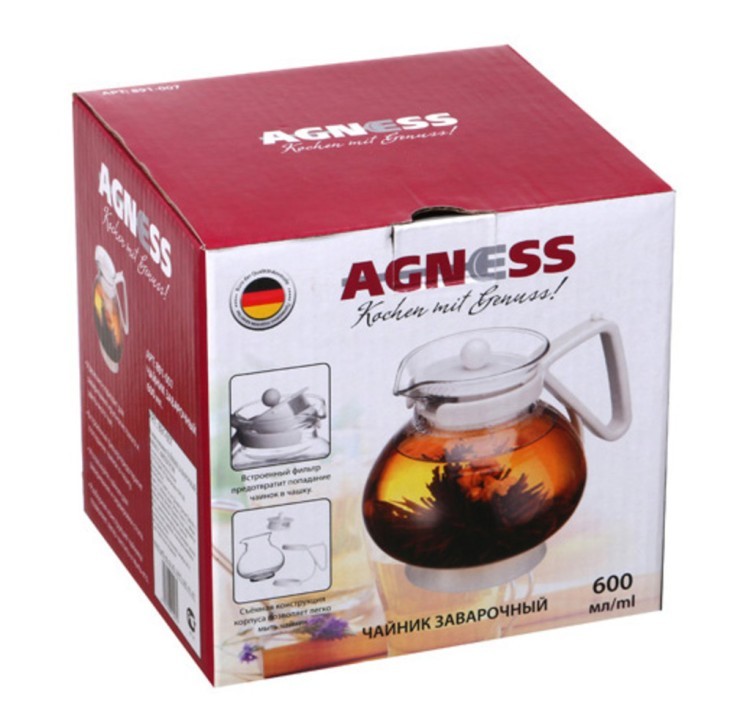 Заварочный чайник 600 мл.со встроенным фильтром (кор=24шт.) Agness (891-008)