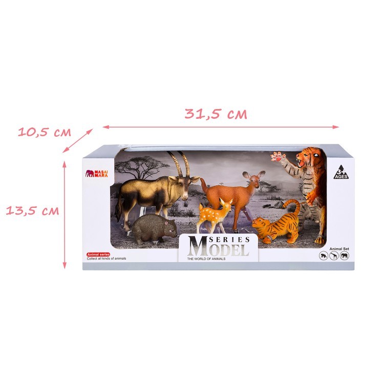 Набор фигурок животных серии "Мир диких животных": антилопа, вомбат, олениха с олененком, тигр с тигренком (набор из 6 фигурок) (MM211-224)