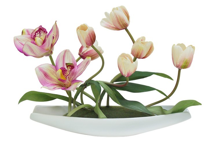 Декоративные цветы Тюльпаны св. с орхидеями на керамической подставке - DG-JA6069 Dream Garden