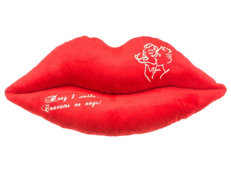 Подушка декоративная-губы  "страсть", 55*26 см вышивка, х/ф, плюш,красная (850-714-1) 