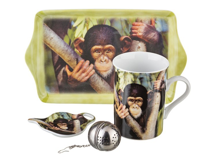 Чайный наб. 4 пр."обезьяна".кружка 300 мл., подставка для чайн.пакетиков, поднос, ситечко для чая Porcelain Manufacturing (270-232) 