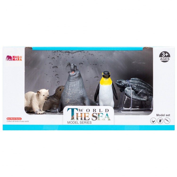 Фигурки игрушки серии "Мир морских животных": Тюлень, белый медвежонок, пингвин, кожистая черепаха, морской слон (набор из 5 фигурок животных) (ММ203-014)