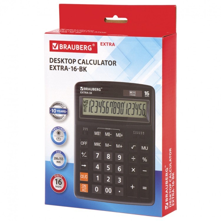 Калькулятор настольный Brauberg Extra-16-BK (206x155 мм) 16 раз. двойное пит. черный 250475 (1) (89745)