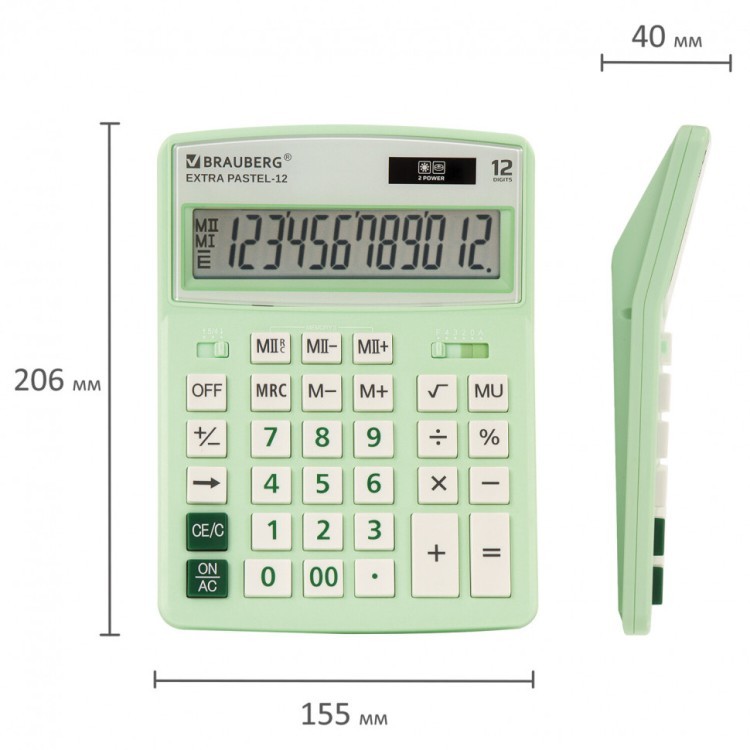 Калькулятор настольный Brauberg Extra PASTEL-12-LG 206x155 мм 12 разр. мятный 250488 (1) (89749)