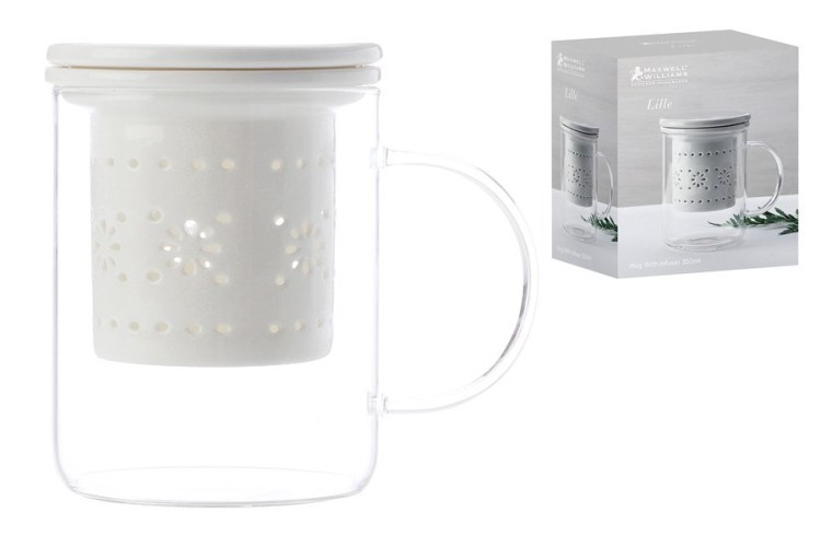 Кружка стекл с ситечком и крышкой из фарфора Лилия (белая) в подарочной упаковке - MW542-EJ0004 Maxwell & Williams