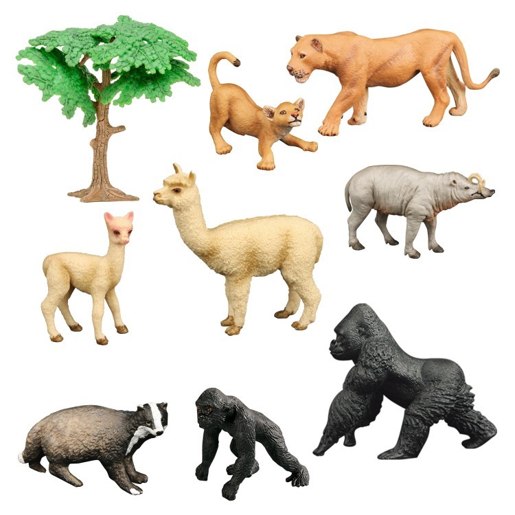Набор фигурок животных серии "Мир диких животных": 2 гориллы, 2 альпаки, 2 льва, барсук, бабирусса, дерево (набор из 9 предметов) (MM211-262)