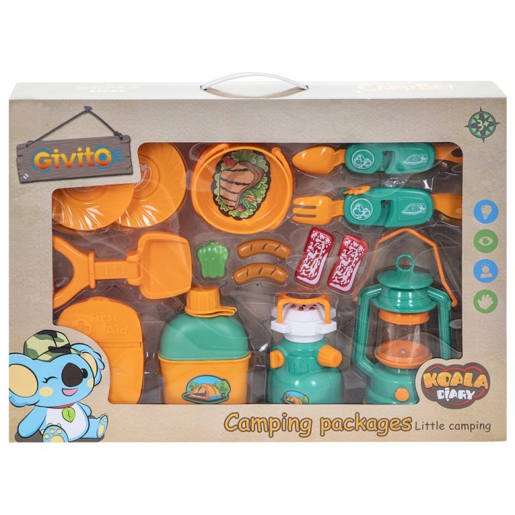 Детская посуда игрушка "Набор Туриста" с набором для пикника 14 предметов: лампа, примус, фляга, аптечка, сковорода, лопата, складной ножик, тарелка (G209-011)