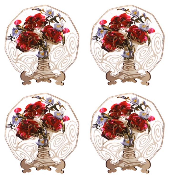 Набор тарелок декоративных из 4 шт."роза красная + бел.кружево" диаметр=15 см. (135-34128) 