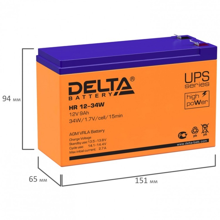 Аккумуляторная батарея для ИБП 12 В 9 Ач 151х65х94 мм DELTA HR 12-34 W 354894 (1) (93384)