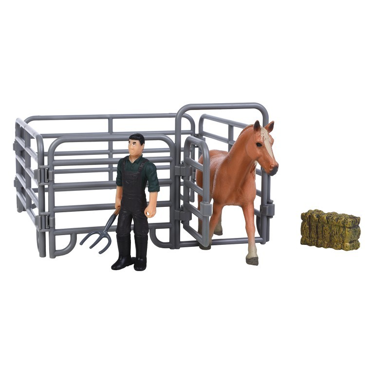 Фигурки животных серии "Мир лошадей": Авелинская лошадь, фермер, ограждение, вилы, сено (набор из 5 предметов) (MM214-319)