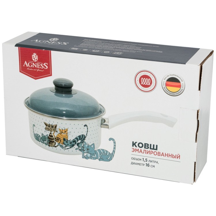 Ковш agness эмалированный с пластик.ручкой, серия озорные коты 1,5л диа.16см Agness (951-006) Ковш agness эмалированный с пластик.ручкой, серия озорные коты 1,5л диа.16см Agness (951-006)
