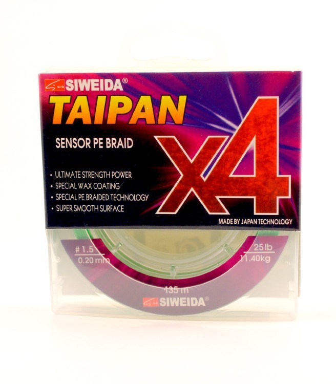 Леска плетеная Siweida Taipan Sensor PE Braid X4 135м 0,20мм (11,40кг) ярко-зеленая (62315)