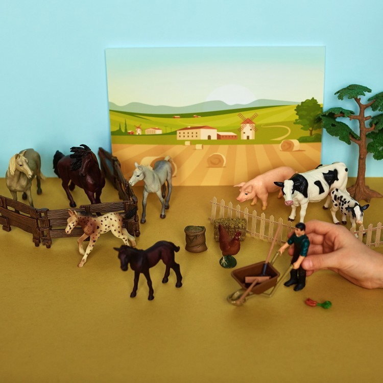 Игрушки фигурки в наборе серии "На ферме", 7 предметов (фермер, семья осликов ограждение-загон, инвентарь) (ММ205-014)