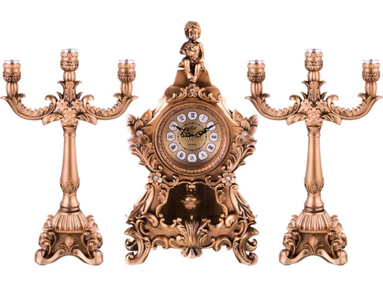 Комплект подсвечников из 2-х шт. и часы наст. кварц. с маятником "золотой ангел" 53*10*36 см. диамет Lefard (204-190)