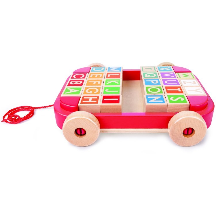 Игрушечная детская деревянная каталка-тележка с кубиками и английским алфавитом (26 кубиков в наборе) (E0487_HP)
