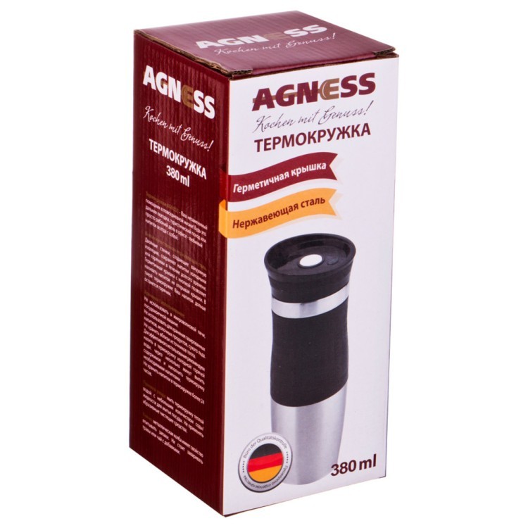 Термокружка agness 380 мл с кнопкой-стоппером (кор=30шт.) Agness (709-063)