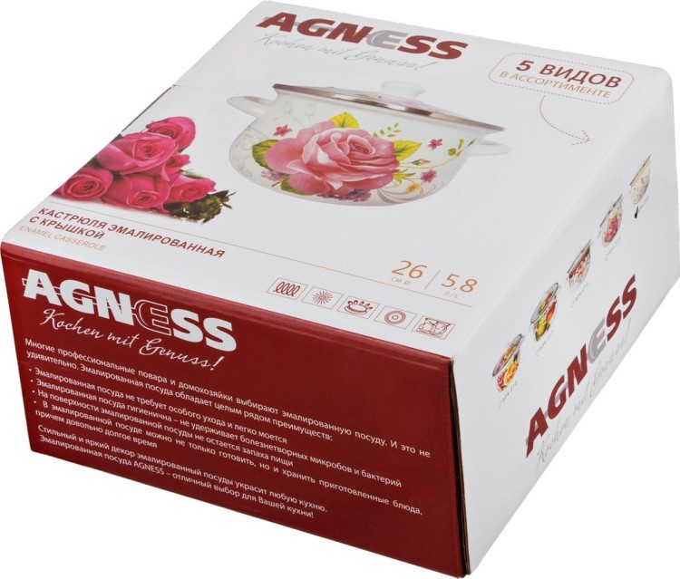 Кастрюля agness  эмалированная со стекл. крышкой 5,8 л, 26х14 см Agness (934-239)