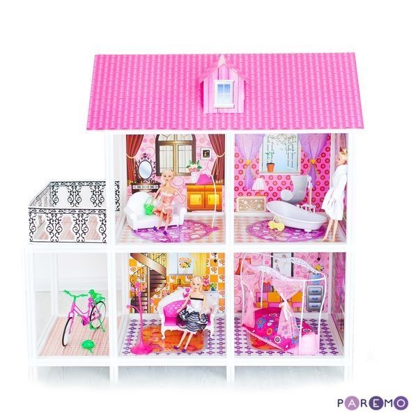 2-этажный кукольный дом с 4 комнатами, мебелью, 3 куклами и велосипедом в наборе (PPCD116-02)