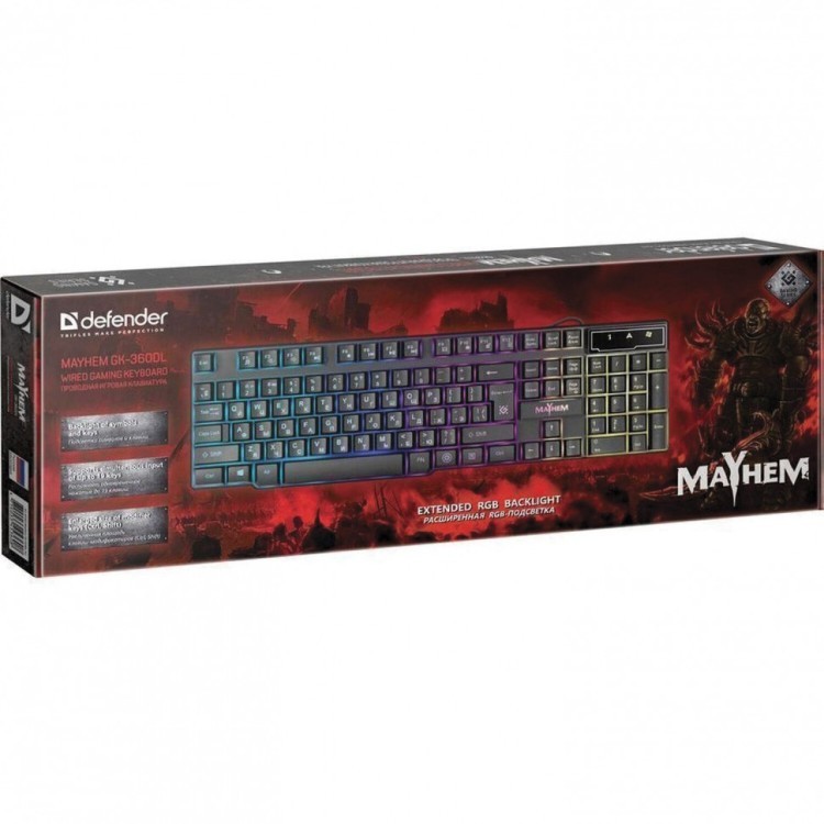 Клавиатура проводная игровая Defender Mayhem GK-360DL USB с подсветкой черная 513412 (1) (91084)