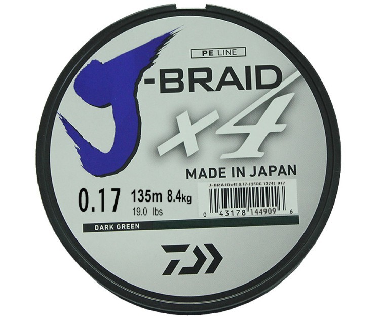 Леска плетеная Daiwa J-Braid X4 135м 0,17мм зеленая (59069)
