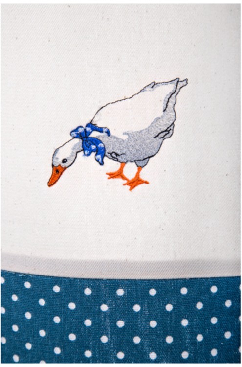 Фартук с широким поясом, "гуси", синий +беж , вышивка, кружево,100% х/б SANTALINO (850-820-73)