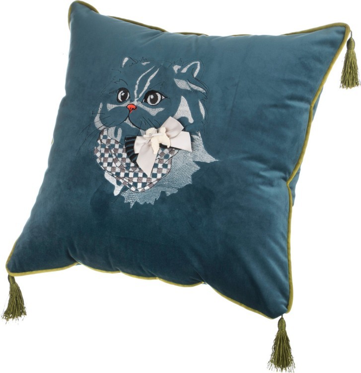 Декоративная подушка "кот" 45х45 см., бирюза , вышивка, 100%пэ SANTALINO (850-827-22)