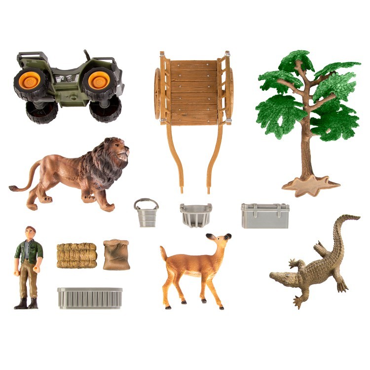Набор фигурок животных серии "На ферме": Ферма игрушка, лев, крокодил, олененок, квадроцикл, фермер, инвентарь - 15 предметов (ММ205-080)