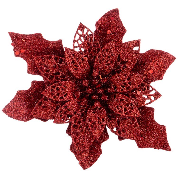 Цветок декоративный с прищепкой"пуансеттия" цвет: красный с блестками 11 см без упаковки (кор=320 шт Lefard (161-193)