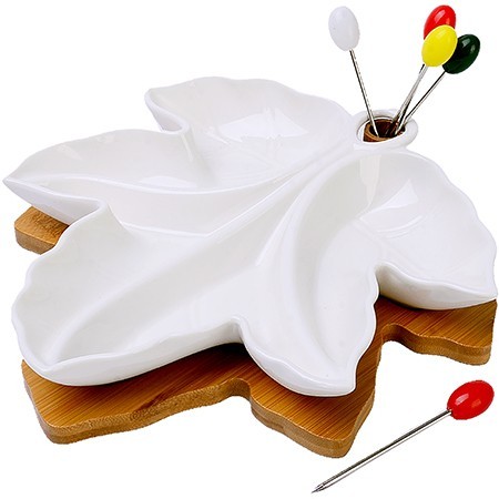 Менажница Кленовый лист с подставкой 6пр фарфор/дерево LR (12079) Менажница Кленовый лист с подставкой 6пр фарфор/дерево LR (12079)