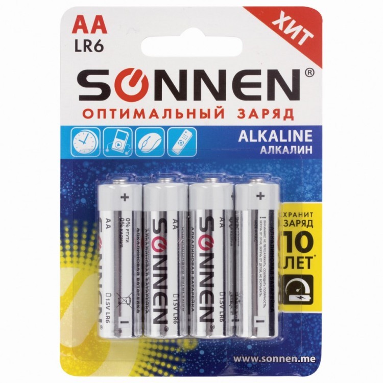 Батарейки алкалиновые Sonnen Alkaline LR6 (АА) 4 шт 451085 (12) (76357)