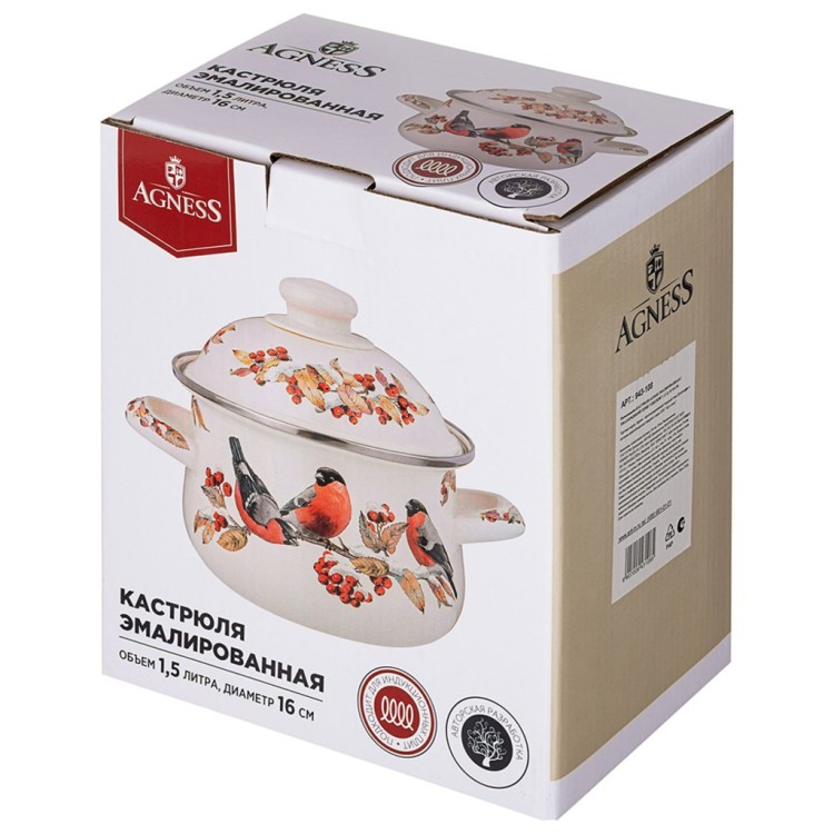 Кастрюля agness эмалированная с эмал.крышкой серия "снегири", 1.5 л, 16*10 см (943-108) 