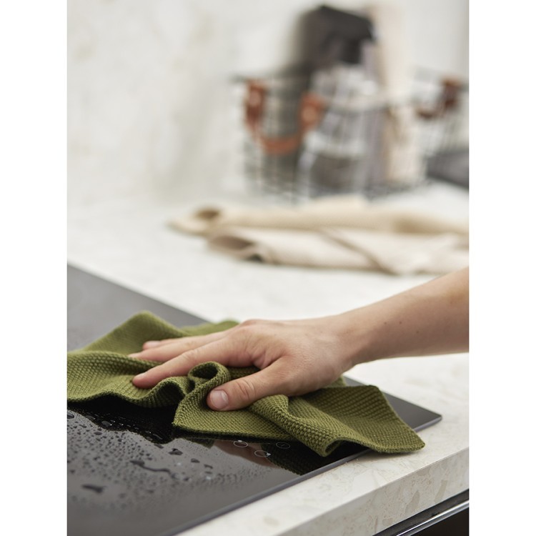 Набор из трех вязаных салфеток для уборки и мытья посуды бежевого и оливкового цветов из коллекции essential, 28х28 см (76779)