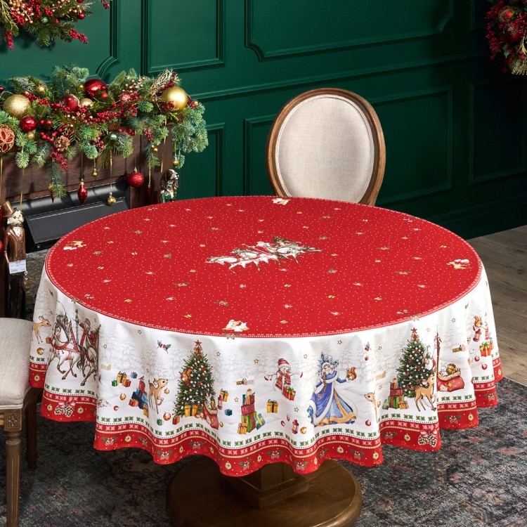 Скатерть круглая "с новым годом" 190см ,красный, 100% хлопок, твил, с пропиткой Lefard (850-763-25)