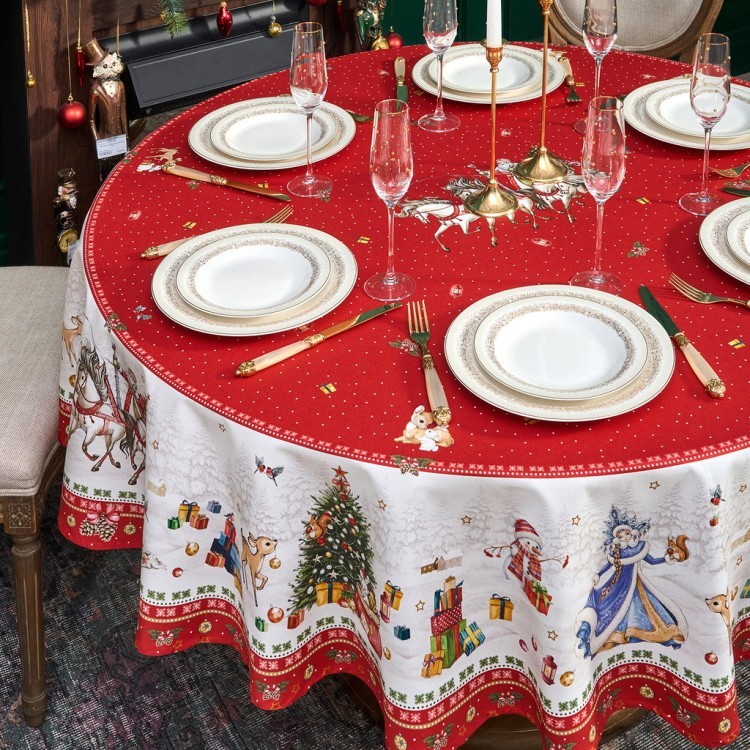 Скатерть круглая "с новым годом" 190см ,красный, 100% хлопок, твил, с пропиткой Lefard (850-763-25)