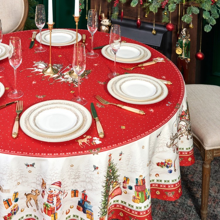 Скатерть круглая "с новым годом" 190см ,красный, 100% хлопок, твил, с пропиткой Lefard (850-763-25)