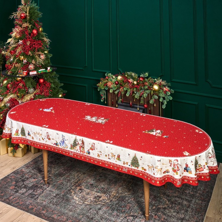 Скатерть овальная "с новым годом" 140х300см ,красный, 100% хлопок,твил пропитка Lefard (850-763-42)