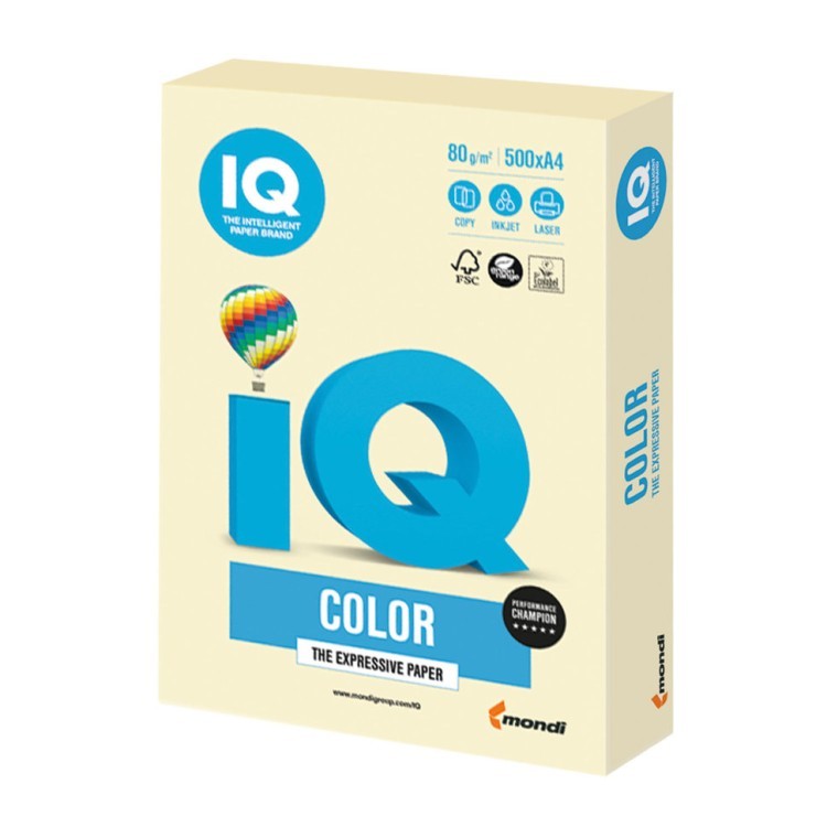 Бумага цветная для принтера IQ Color А4, 80 г/м2, 500 листов, ванильная, BE66 (65397)