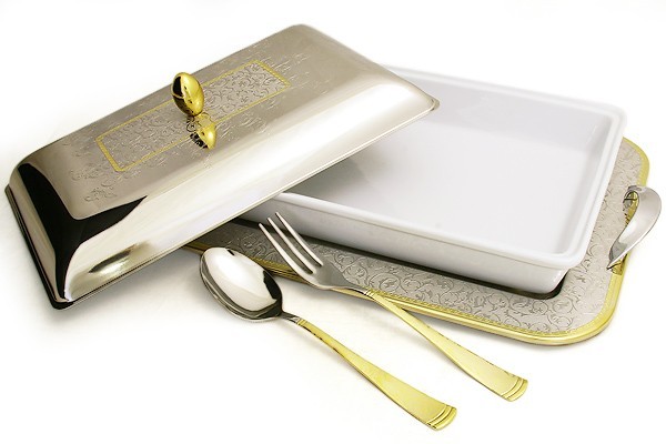 Блюдо для горячего с крышкой на подносе с ложкой и вилкой Dubai Gold/Silver Giorinox ( GI3480-20_PAL )