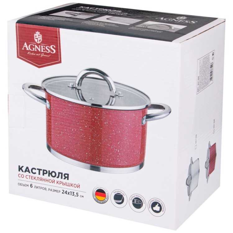 Кастрюля agness со стеклянной крышкой, нерж.сталь, серия red marble 6,0л 24х13,5см Agness (937-324)