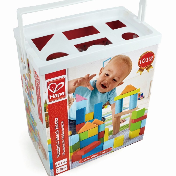 Игрушка "Конструктор цветной", деревянные кубики в контейнере-сортере, 3 в 1 "Замечательные блоки" с контейнером-сортером для хранения, 101 элемент (E8247_HP)