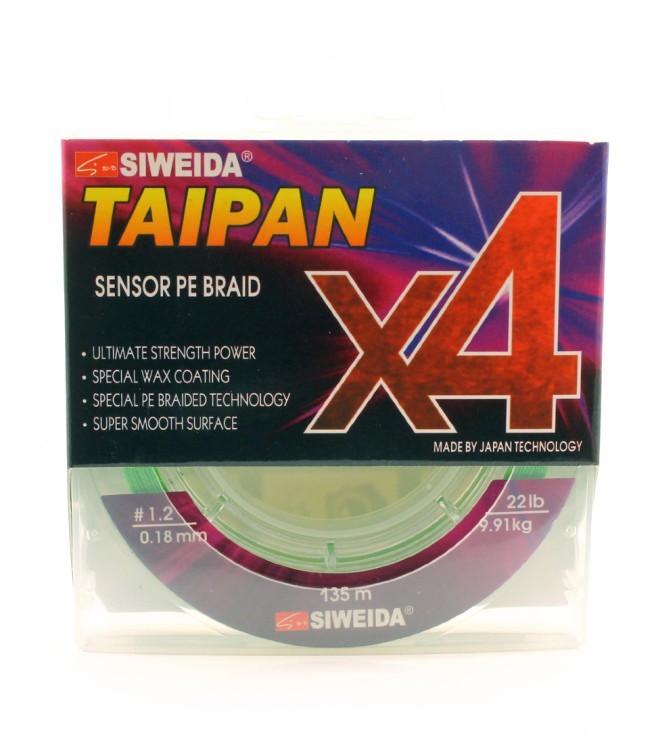 Леска плетеная Siweida Taipan Sensor PE Braid X4 135м 0,18мм (9,91кг) ярко-зеленая (62314)