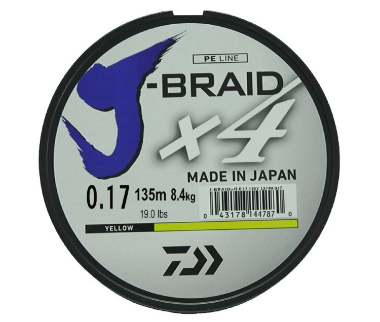 Леска плетеная Daiwa J-Braid X4 135м 0,17мм желтая (59068)