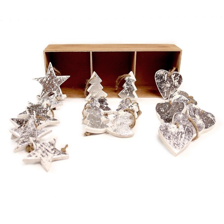 Украшения подвесные silver stars/trees/hearts, деревянные, в подарочной коробке, 24 шт. (63515)