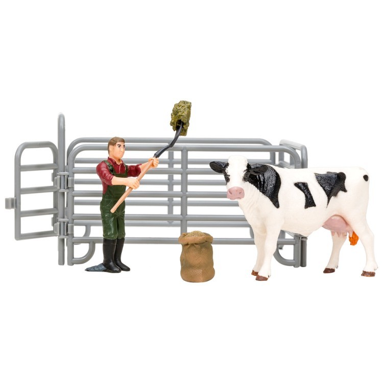Игрушки фигурки в наборе серии "На ферме",  6 предметов (фермер, корова, ограждение-загон, инвентарь) (ММ205-001)