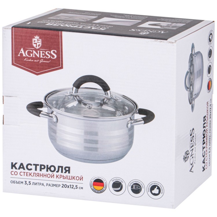 Кастрюля agness со стекл. крышкой серия classic 3,5 л. 20*12,5 см Agness (937-412)