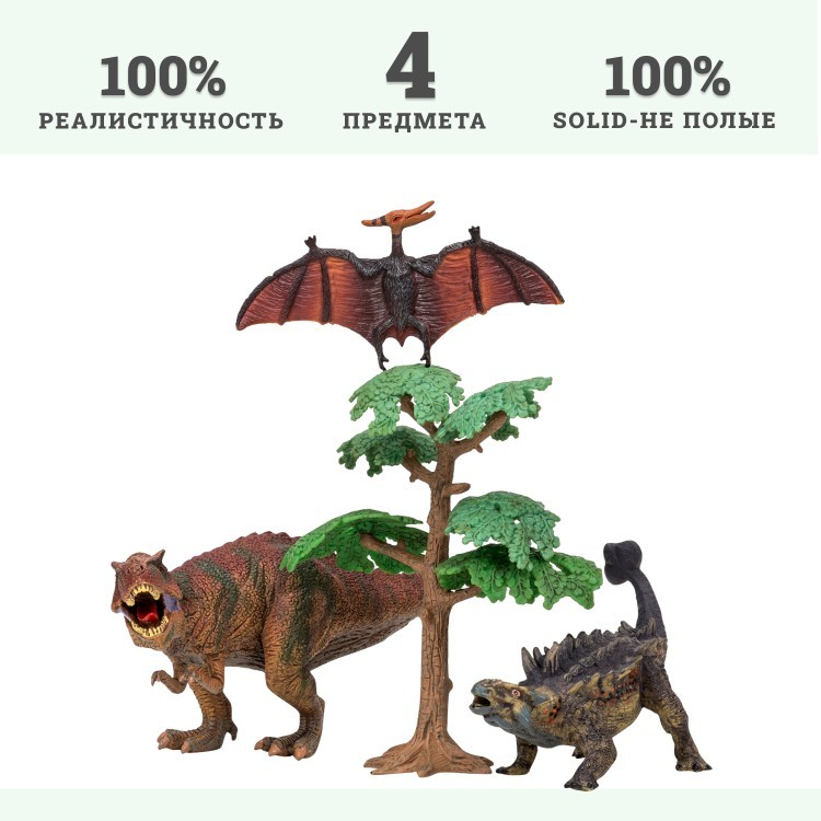 Динозавры и драконы для детей серии "Мир динозавров": птеродактиль, тираннозавр, анкилозавр (набор фигурок из 4 предметов) (MM206-022)