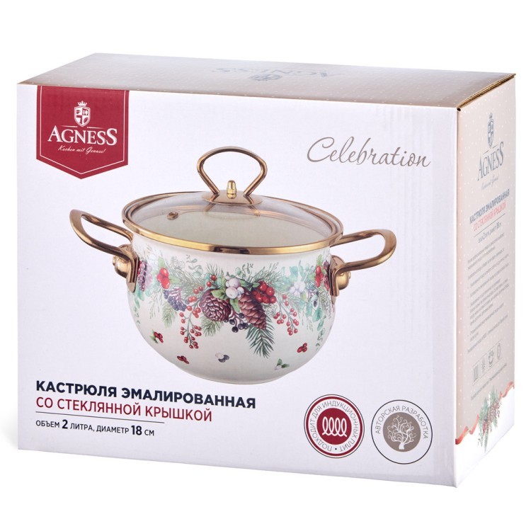 Кастрюля эмалированная agness со стеклянной крышкой серия "celebration", 2.0 л, 18*11 см Agness (943-083)