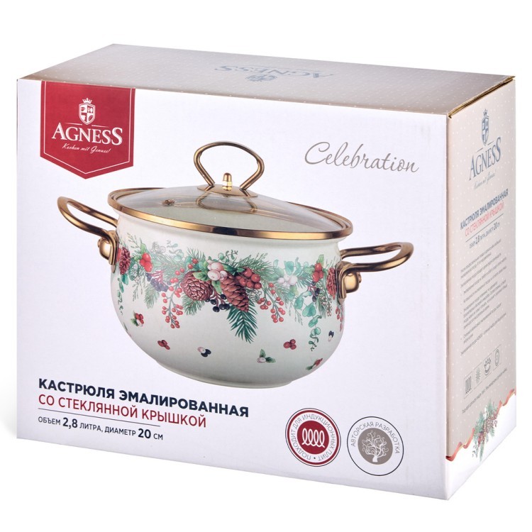 Кастрюля эмалированная agness со стеклянной крышкой серия "celebration", 2.8 л, 20*12 см Agness (943-084)