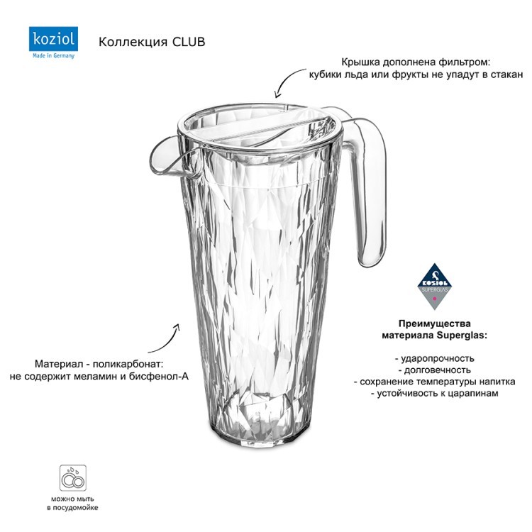 Кувшин club, superglas, 1,5 л, прозрачный (66631)